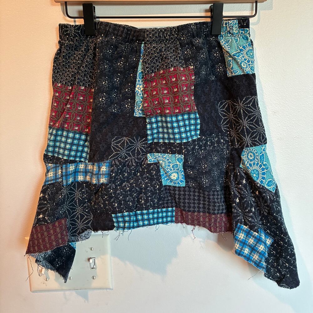 Shein Blue Patchwork Asymmetric DIY Raw Hem Mini Skirt S Festival Hippie Folk